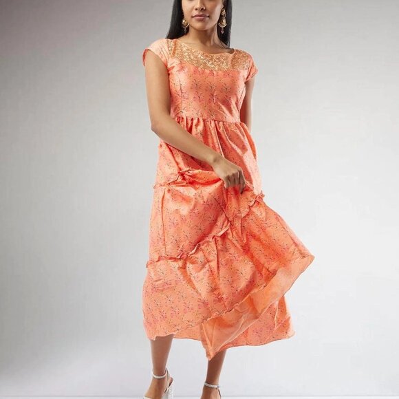 Orange Printed Silk Knee-Length Tiered Dress | Muvvas Boutique - Picture 3 of 5